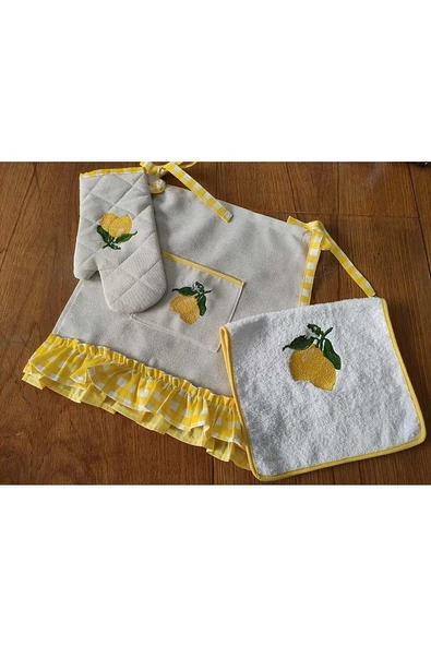 Limon Nakışlı, Fırfırlı, Buldan Keten Fırın Önlüğü (ÖRTÜSÜ) Ve Eldiveni - 3