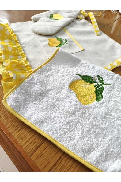 Limon Nakışlı, Fırfırlı, Buldan Keten Fırın Önlüğü (ÖRTÜSÜ) Ve Eldiveni - 2