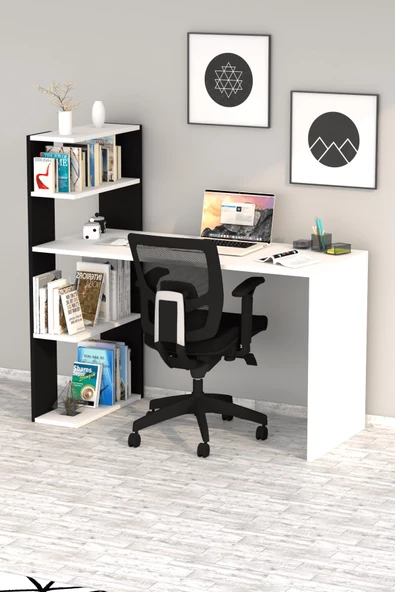 Moonlife Çınar  Kitaplıklı Çalışma Masası Beyaz Siyah - 3