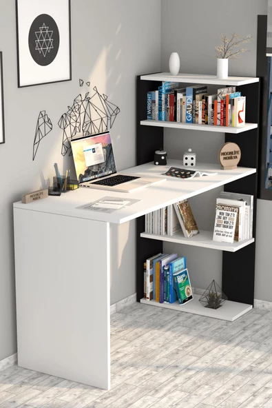 Moonlife Çınar  Kitaplıklı Çalışma Masası Beyaz Siyah - 2