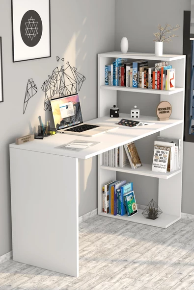 Moonlife Çınar  Kitaplıklı Çalışma Masası Beyaz - 2
