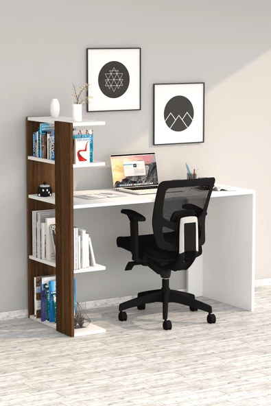 Moonlife Çınar  Kitaplıklı Çalışma Masası Beyaz Ceviz - 3