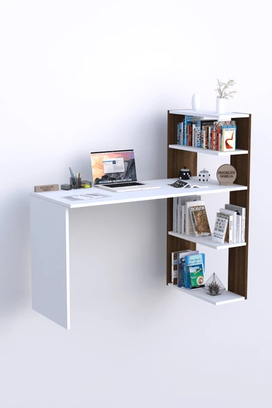 Moonlife Çınar Kitaplıklı Çalışma Masası Beyaz Ceviz - 4