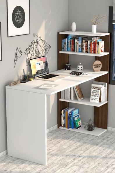 Moonlife Çınar Kitaplıklı Çalışma Masası Beyaz Ceviz - 2