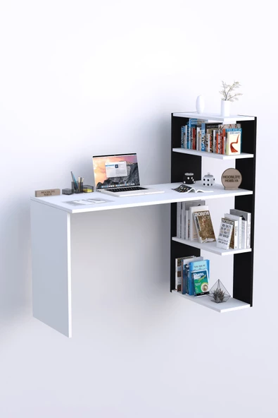 Moonlife Çınar  Kitaplıklı Çalışma Masası Beyaz Siyah - 4