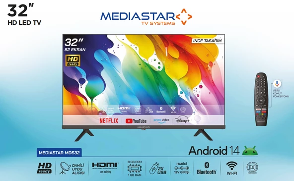 MediaStar MDS32 32' Android 14 Akıllı Kumandalı Led Tv