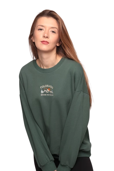 Nakışlı 3 İplik Kadın Sweatshirt 5808 | Yeşil