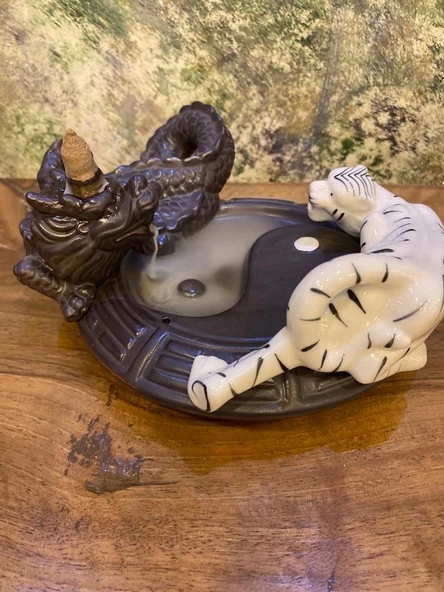 Feng Shui Ejderha Yin Yang Beyaz Kaplan Geri Akış Tütsü - Resim 3