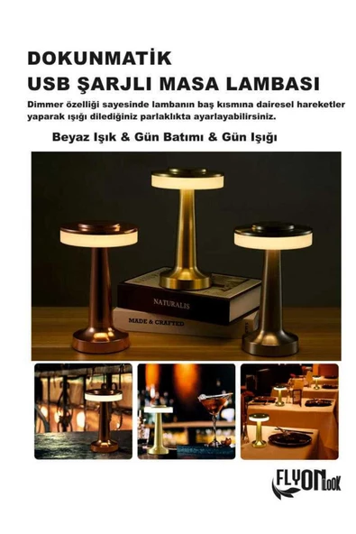 Şarj Edilebilir Kablosuz LED Masa Lambası, Dokunmatik Sensörlü, 3 Seviyeli , Komodin Restoran Fener - 3