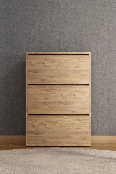 AEKA AE-1078 Vizyon Ayakkabılık Duvara Monte Edilebilir, Atlantik Çam Düşer Kapak, 3 Kapaklı, 6 Raflı - 4