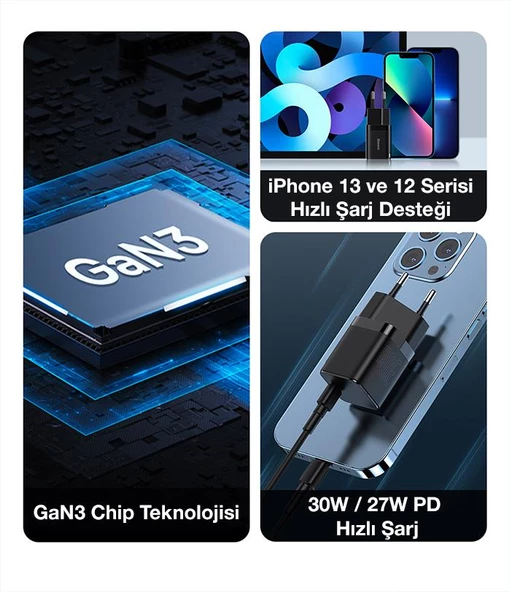 Baseus Gan3 Seri PD3.0, QC4+ PPS 30W Şarj Başlık İphone Şarj İphone 11 12 13 14 15 Pro Max Şarj Başlık - 7