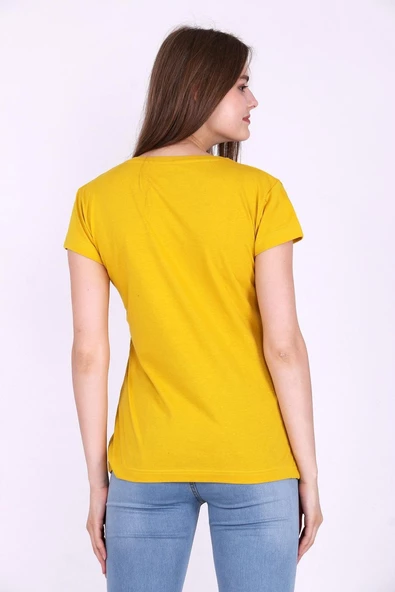 Sarı Renk %100 Pamuk Bisiklet Yaka Basic Baskısız Kadın Örme Kısa Kollu Tshirt - Resim 7