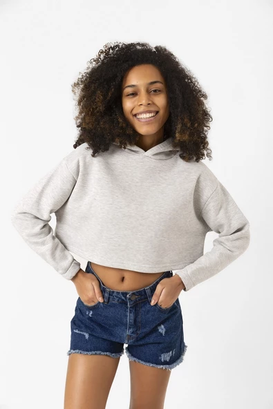 Basic Gri Kapüşonlu Crop Sweatshirt ürün görseli