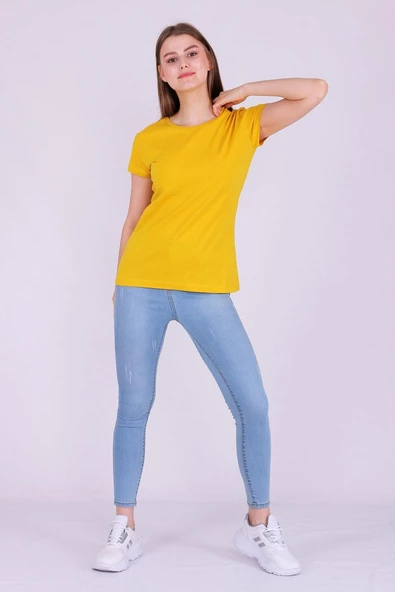 Sarı Renk %100 Pamuk Bisiklet Yaka Basic Baskısız Kadın Örme Kısa Kollu Tshirt - Resim 2