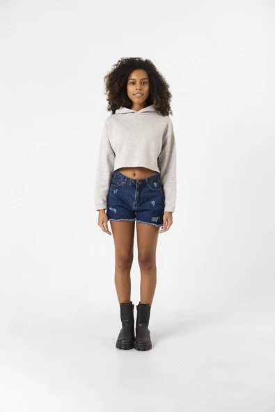 Basic Gri Kapüşonlu Crop Sweatshirt - Resim 2