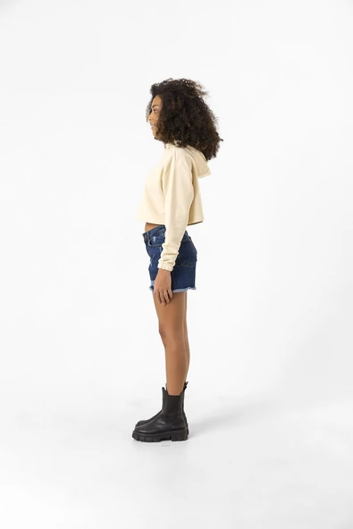 Basic Bej Kapüşonlu Crop Sweatshirt - 8