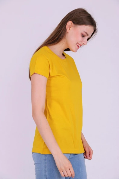Sarı Renk %100 Pamuk Bisiklet Yaka Basic Baskısız Kadın Örme Kısa Kollu Tshirt - Resim 5