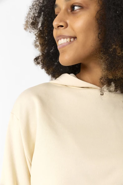 Basic Bej Kapüşonlu Crop Sweatshirt - 5