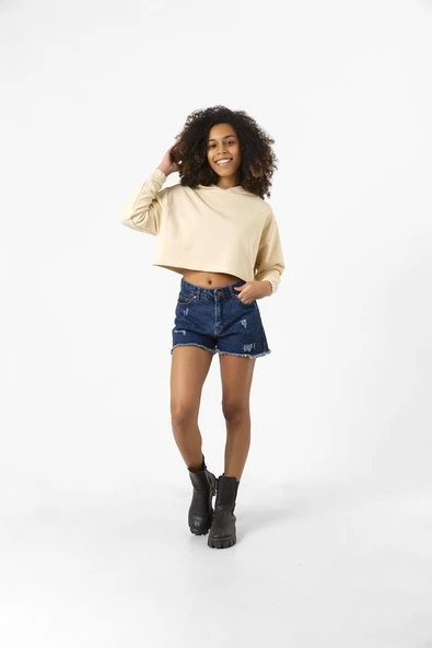 Basic Bej Kapüşonlu Crop Sweatshirt - 7