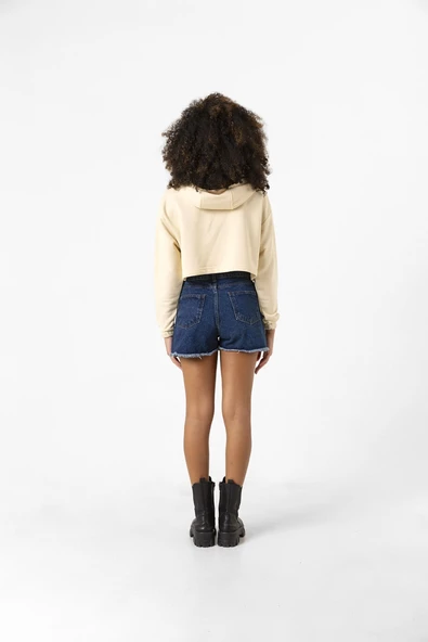 Basic Bej Kapüşonlu Crop Sweatshirt - 9