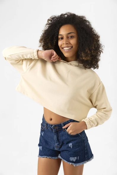 Basic Bej Kapüşonlu Crop Sweatshirt - 3