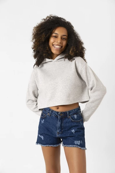 Basic Gri Kapüşonlu Crop Sweatshirt - Resim 7