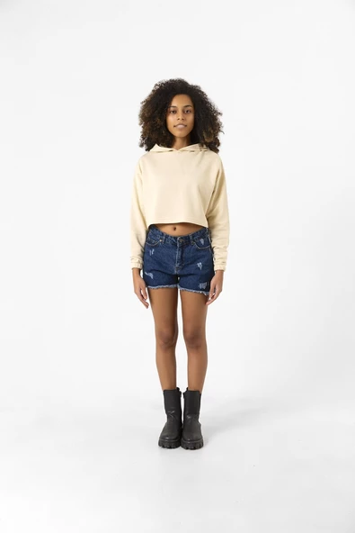 Basic Bej Kapüşonlu Crop Sweatshirt - 6
