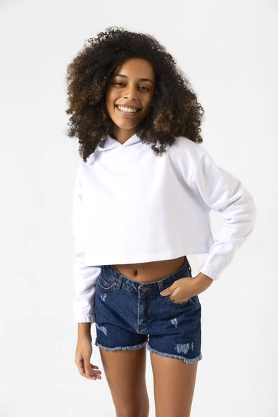 Basic Optik Beyaz Kapüşonlu Crop Sweatshirt - Resim 3
