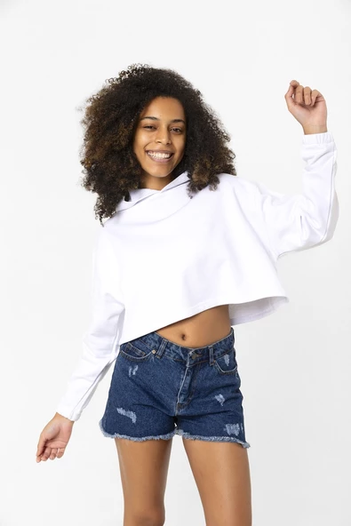 Basic Optik Beyaz Kapüşonlu Crop Sweatshirt - Resim 2