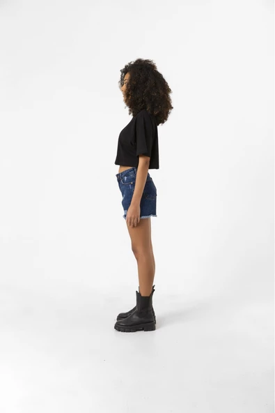 Basic Siyah Oversize Crop Tshirt - Resim 3