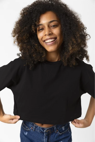 Basic Siyah Oversize Crop Tshirt - Resim 7