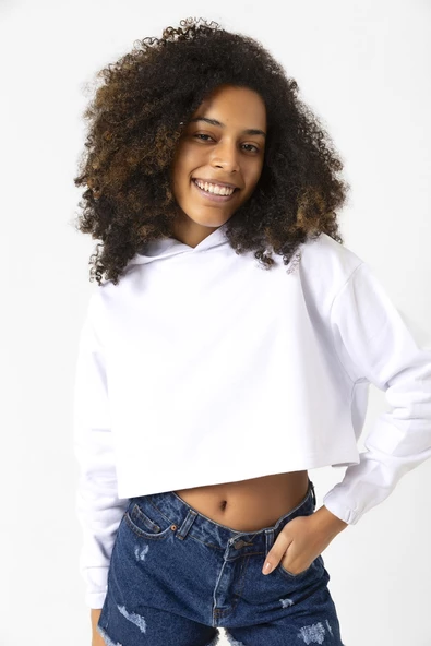 Basic Optik Beyaz Kapüşonlu Crop Sweatshirt - Resim 6