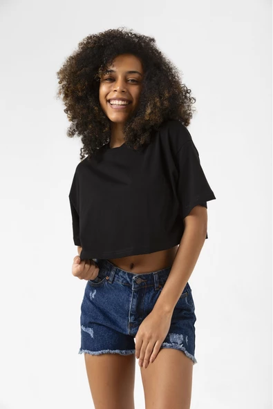 Basic Siyah Oversize Crop Tshirt - Resim 5