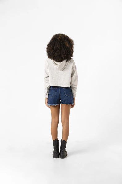 Basic Kırçıllı Gri Kapüşonlu Crop Sweatshirt - Resim 4