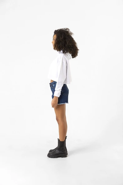 Basic Optik Beyaz Kapüşonlu Crop Sweatshirt - Resim 8