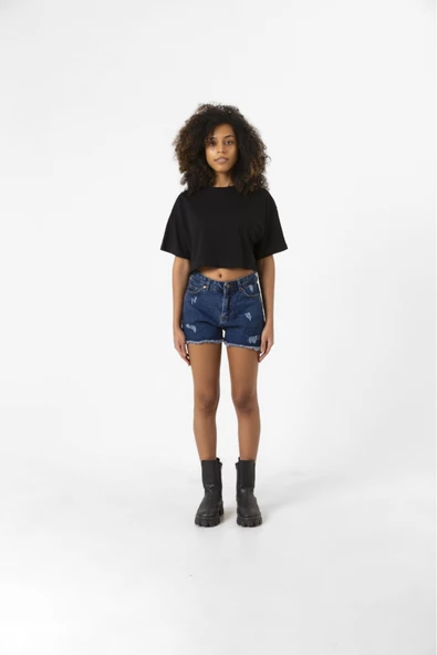 Basic Siyah Oversize Crop Tshirt - Resim 2
