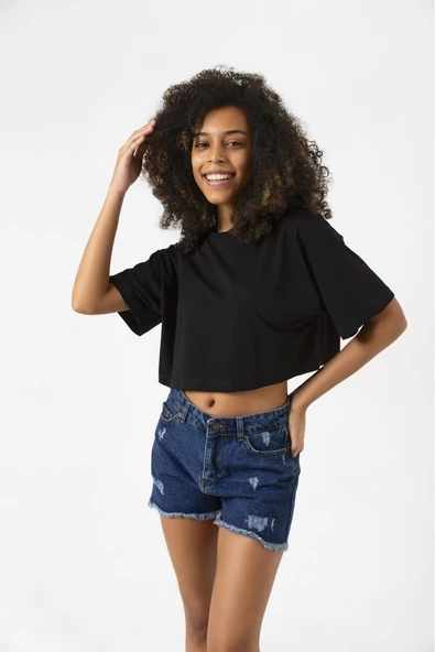Basic Siyah Oversize Crop Tshirt - Resim 9