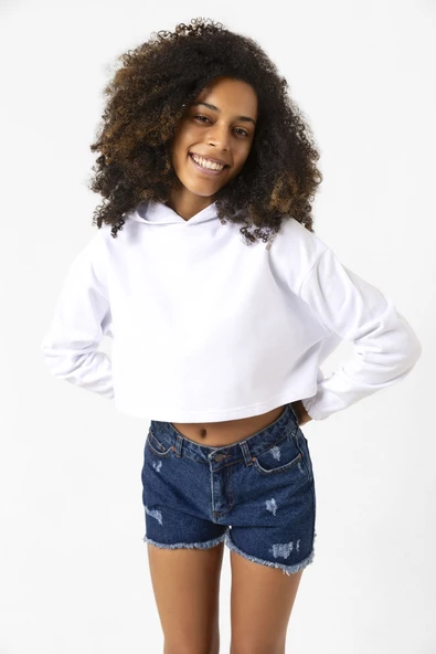 Basic Optik Beyaz Kapüşonlu Crop Sweatshirt - Resim 4