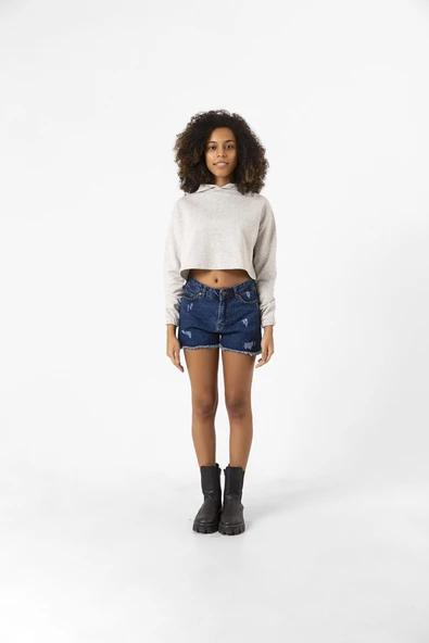 Basic Kırçıllı Gri Kapüşonlu Crop Sweatshirt - Resim 2