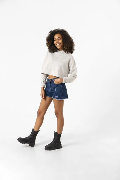 Basic Kırçıllı Gri Kapüşonlu Crop Sweatshirt - Resim 8