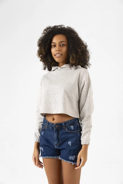 Basic Kırçıllı Gri Kapüşonlu Crop Sweatshirt - Resim 5