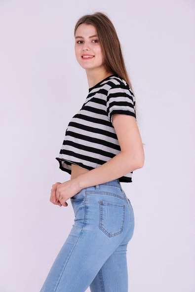 Basic Çizgili Crop Tshirt - Resim 6