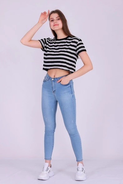 Basic Çizgili Crop Tshirt - Resim 5