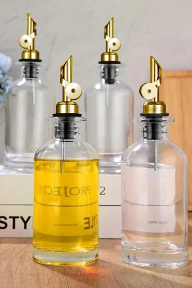 Digithome Lombardino 2'li Cam Zeytinyağı ve Sıvıyağ Şişesi Otomatik Kapaklı Gold Etiketli Yağdanlık 500 Ml C1-1-289 - 6