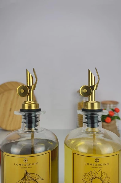 Digithome Lombardino 2'li Cam Zeytinyağı ve Sıvıyağ Şişesi Otomatik Kapaklı Gold Etiketli Yağdanlık 500 Ml C1-1-289 - 5