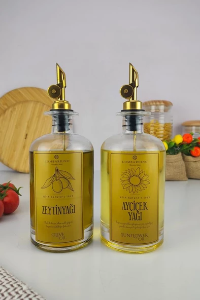 Digithome Lombardino 2'li Cam Zeytinyağı ve Sıvıyağ Şişesi Otomatik Kapaklı Gold Etiketli Yağdanlık 500 Ml C1-1-289 - 2
