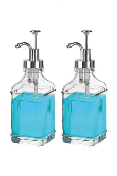 2’li Cam Sıvı Sabun ve Losyon Etiketli Gümüş Tıpalı Deterjan Şişesi Sabunluk 500 Ml C1-1-289 - 2