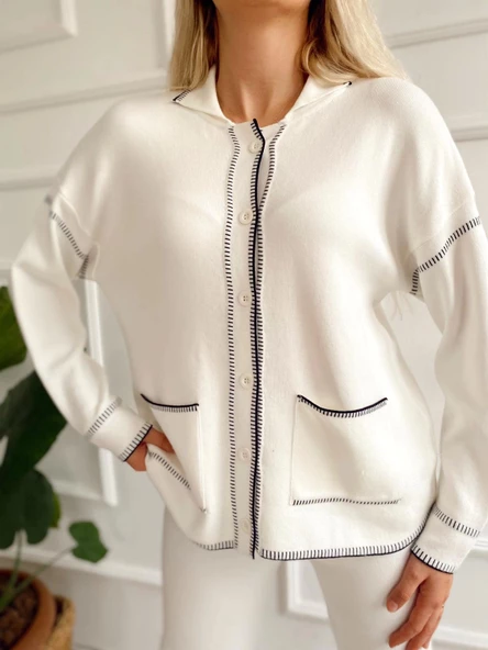 Kadın Çoban Dikişli Hırka-Pantolon Takım Ekru-Siyah - 6