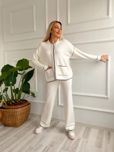 Kadın Çoban Dikişli Hırka-Pantolon Takım Ekru-Siyah - 3