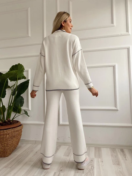 Kadın Çoban Dikişli Hırka-Pantolon Takım Ekru-Siyah - 7